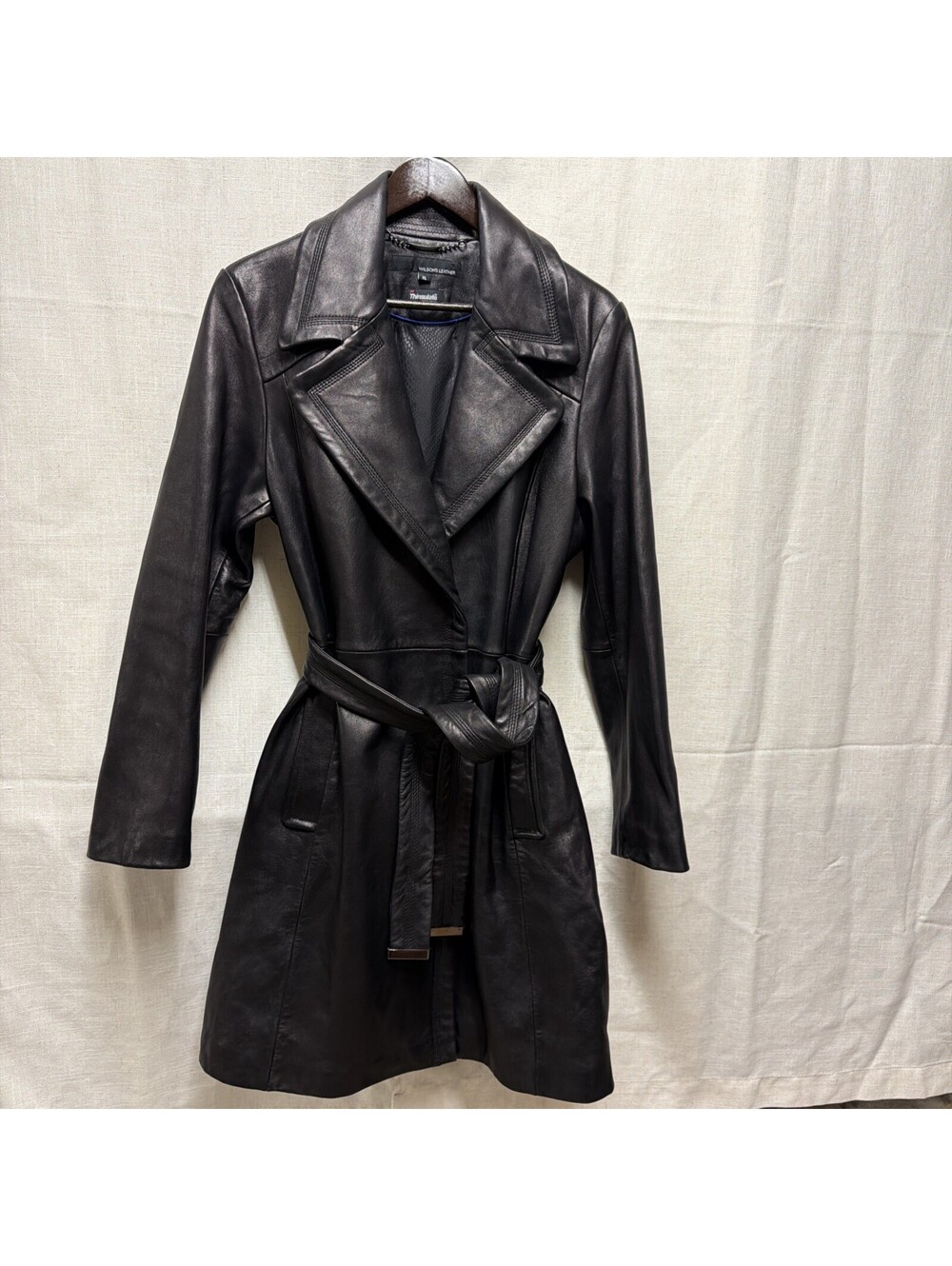 Wilsons Leather Womens Black Belted Trench Coat Size XL